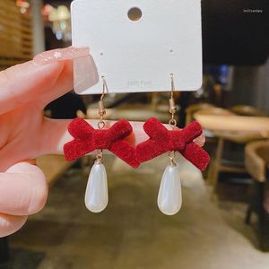 Boucles d'oreilles pendantes 2023 mode coréenne femmes belle douce rouge tissu nœud papillon perle goutte boucle d'oreille élégant fête bijoux accessoires