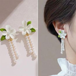 Boucles d'oreilles pendantes 2023 coréen fleur de gardénia pour les femmes mode élégant blanc vert feuille goutte boucle d'oreille bijoux cadeaux