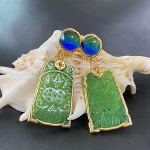 Boucles d'oreilles pendantes 2023 Jade naturel sculpté motif perles de verre accessoires femmes Simple mode Style classique cadeau bijoux