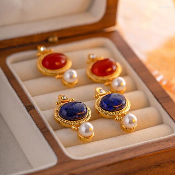 Boucles d'oreilles pendantes 2023 forme ovale goujon couleur or pierre naturelle Quartz cristal Lapis Lazuli bijoux de guérison femme