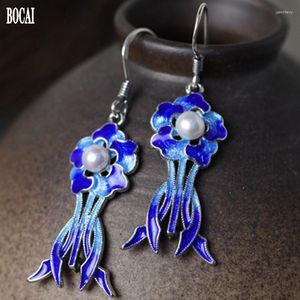 Boucles d'oreilles pendantes 2023 S925 bijoux en argent pur cloisonné thaïlandais pour les femmes brûlées bleu perle de fleur de Ruyi