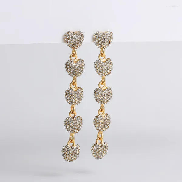 Boucles d'oreilles pendantes en forme de cœur brillant, tendance coréenne, strass complet, cinq chaînes d'amour suspendues pour femmes, bijoux de mariage, cadeau de fête, 2023