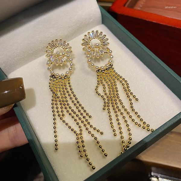 Boucles d'oreilles pendantes 2023 femmes diamant rond frangé avec mode rétro et longueur géométrique exagérée