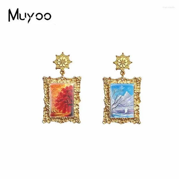 Boucles d'oreilles en peluche 2024 Arrivée cool colorée différentes saisons yin yang arbre paysage peintures