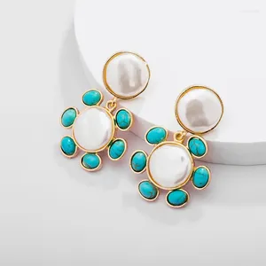 Boucles d'oreilles pendantes 2024 Bohême Turquoise Pierre Exagérée Fleur Boucle D'oreille Pour Femmes Perles Rondes Bijoux De Mode Anniversaire Bijoux Cadeaux