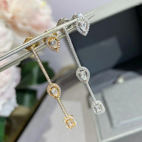 Boucles d'oreilles pendantes en or V de qualité Est, asymétriques, pierres scintillantes en forme de poire, bijoux de créateur modernes pour femmes, 2024