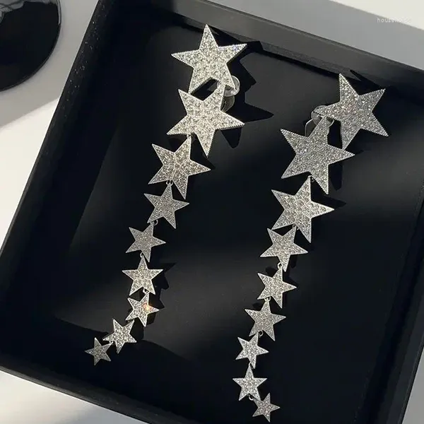 Pendientes colgantes 2024 Marca famosa Diamante Cristal Platino Plata Estrellas Largo Lujo Clip de oreja Mujer Diseñador Joyería Tendencias de pasarela