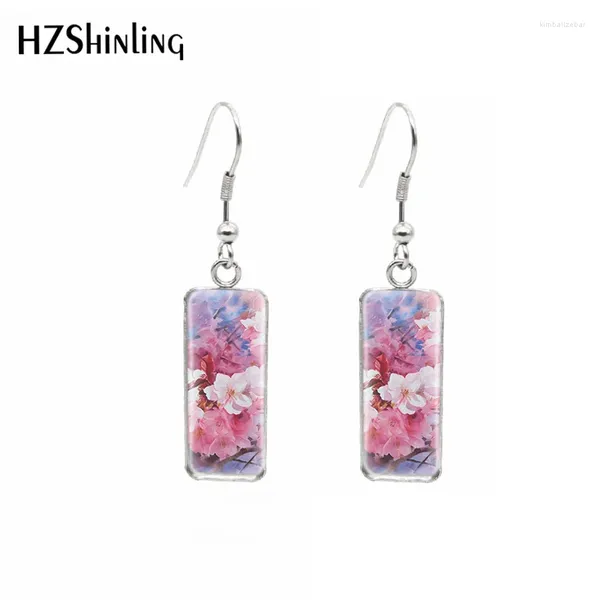 Pendientes colgantes 2024 Fashion Cherry Blossoms Pinturas de flores Rectangular Cabuchones de vidrio Joyería de oreja