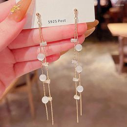 Boucles d'oreilles pendantes pour femmes, mode coréenne, longues pampilles blanches, goutte de perles, bohème, rondes dorées, Zircon, bijoux de mariage, 2024