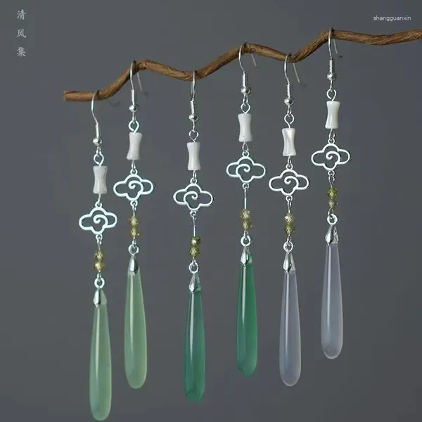 Boucles d'oreilles pendantes pour femmes, bijoux rétro, longue goutte, Style chinois, Imitation Jade, lune, mode printemps été 2024