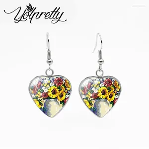 Pendientes colgantes 2024 Fashion S acero inoxidable Corazón colgación de flores de girasol amarillas en botellas pinturas al óleo