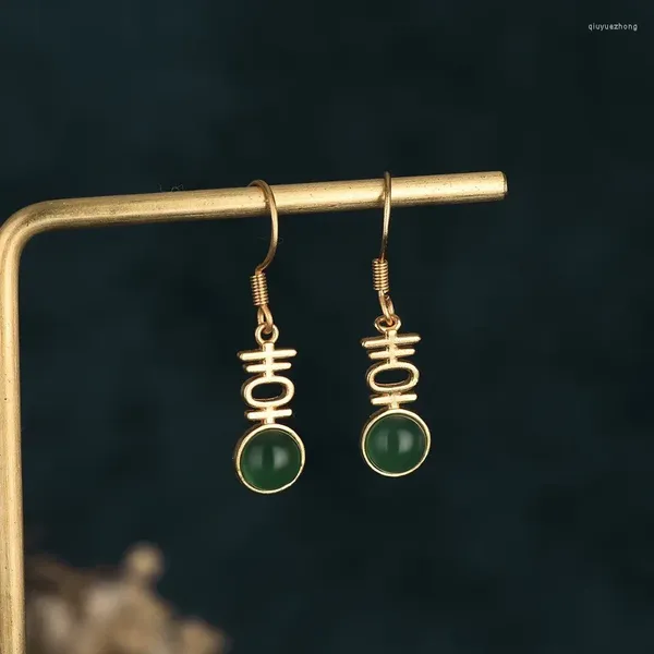 Boucles d'oreilles pendantes en perles de Jade vert naturel 2024, Style chinois, caractères chinois, cuivre plaqué or pour femmes, bijoux de mariage 30MM