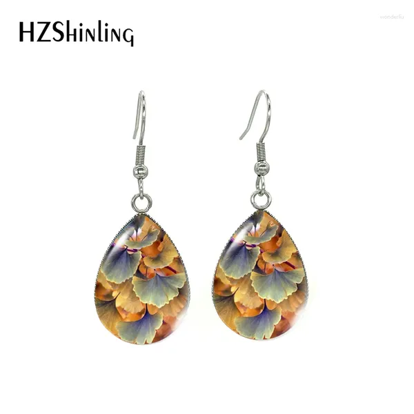 Boucles d'oreilles en peluche 2024 Hoop Ginkgo feuilles art peinture crochet verre cabochon en acier inoxydable bijoux