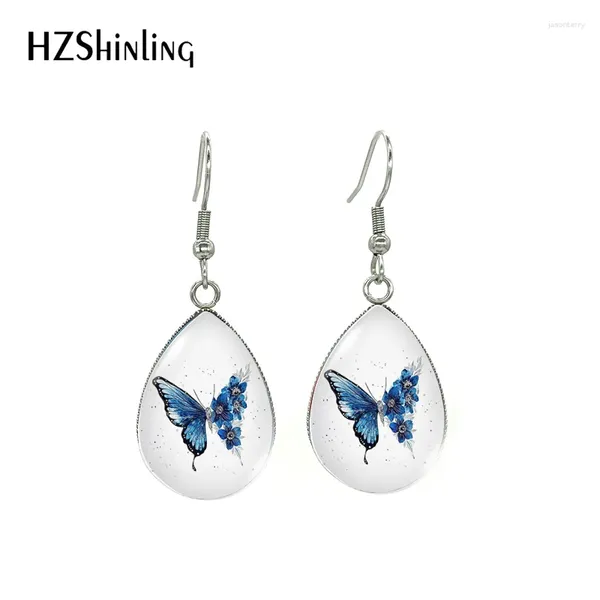 Boucles d'oreilles en peluche 2024 Hoop Half Butterfly Flowers Art Peinture Crochet Verre Cabochon