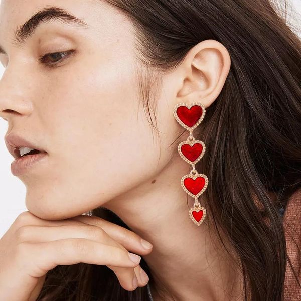 Pendientes colgantes clásicos de tendencia para mujer, borla larga, corazón de amor, gota en forma de corazón de resina de cristal rojo Vintage, regalos de joyería 2024