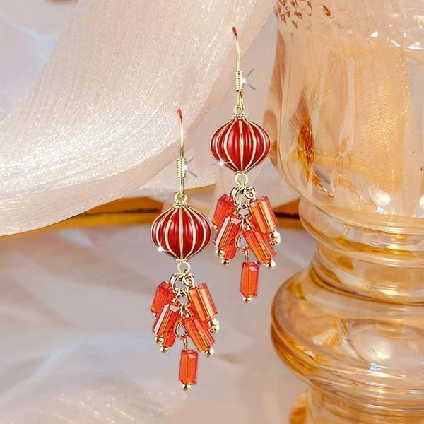 Boucles d'oreilles pendantes de Style chinois, lanterne rouge rétro ethnique, Long pampille de mariée, bijoux d'oreille de mariage et de noël pour femmes, vente en gros, 2024