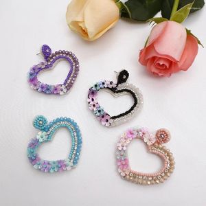 Boucles d'oreilles pendantes en forme de cœur, tissées à la main, en perles de riz japonaises, en cristal pailleté, ajouré, pour la saint-valentin, vente en gros, 2024