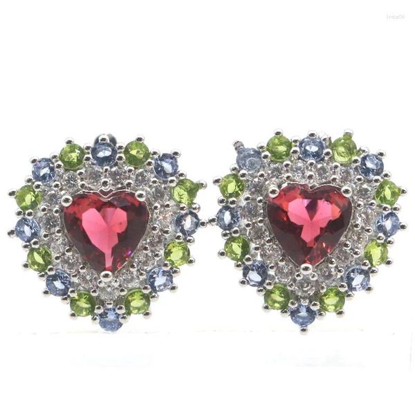 Pendientes colgantes 20x19mm multicolor forma de corazón verde peridoto iolita violeta tanzanita rodolita granate blanco CZ señoras fiesta plata