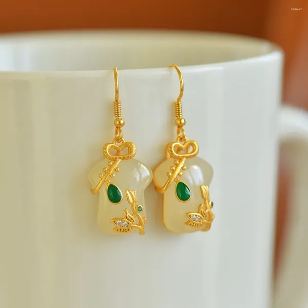 Boucles d'oreilles pendantes 2471-6 # Sweet Lady femmes HETIAN blanc Jade S925 argent pur néphrite naturelle Glod Olating Cheongsam veste pierre précieuse