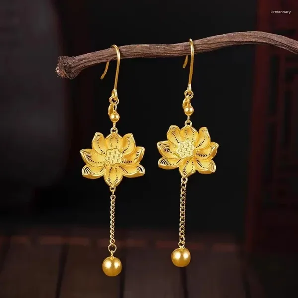 Boucles d'oreilles en peluche 24k couleur Gold Lotus Big Flower Long Sild pour femmes Accessoires de bijoux de mariage Cadeaux en gros