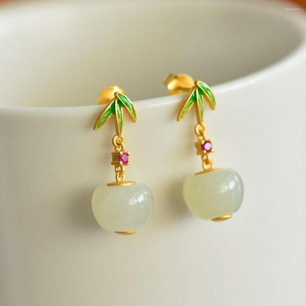 Boucles d'oreilles pendantes 2606-6 # douce dame femmes ronde pomme HETIAN blanc Jade S925 argent pur naturel néphrite Cheongsam fête