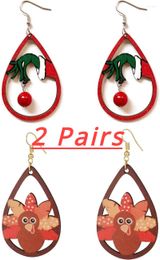 Boucles d'oreilles pendantes 2 paires, ensemble de noël Thanksgiving automne pour femmes et filles, boucles d'oreilles en forme de larme peintes en bois, bijoux de vacances