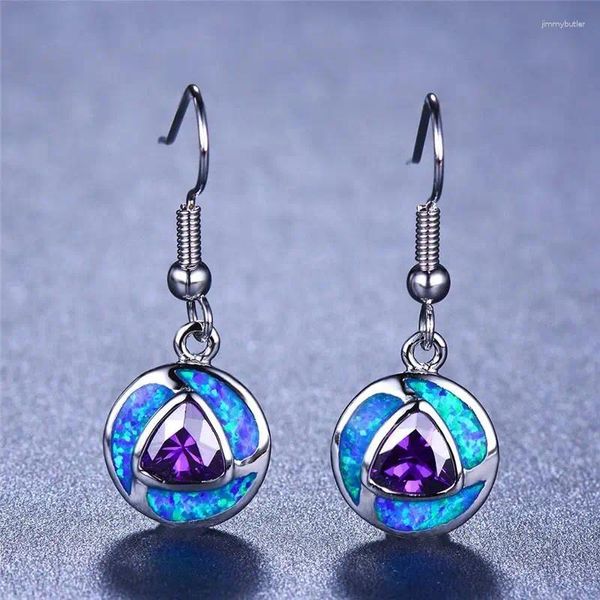 Pendientes colgantes 2 unid/set de ópalo de fuego azul, colgante redondo con incrustaciones de amatista a la moda, pendientes de boda para mujer