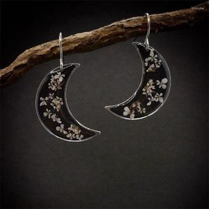 Boucles d'oreilles pendantes 3 1.3cm, croissant de lune Lacey avec fleurs pressées, bijoux floraux séchés en résine, style Boho botanique, demi-KI-37DGD3