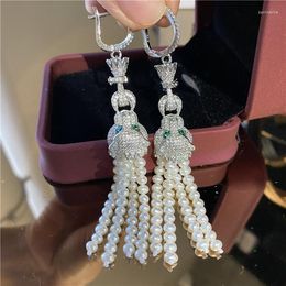Pendientes colgantes 3.5-4" 6-8MM perla blanca natural CZ
