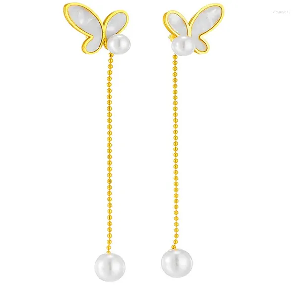 Boucles d'oreilles pendantes en acier inoxydable 316L, tempérament exquis et élégant, petite perle longue, pompon, pendentif cœur papillon