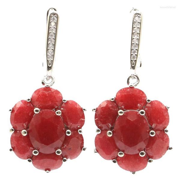 Pendientes colgantes 38x17mm Conjunto de joyas SheCrown Gorgeous Real Red Ruby White CZ Mujer Color plata fina Uso diario