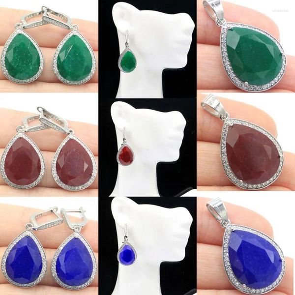 Pendientes colgantes de 38x19 mm Gemstone de gemas 23x18 mm 11.4g Real verde esmeralda rojo rubí azul zafiro 925 colgante de plata