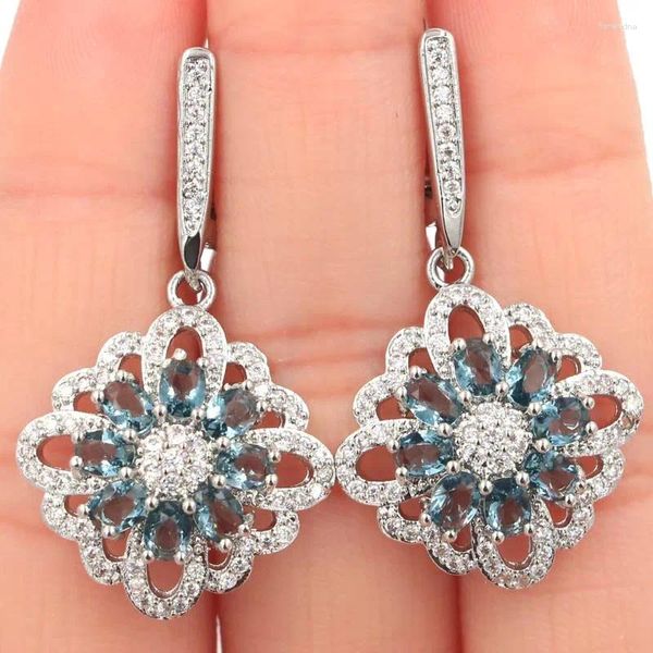 Pendientes colgantes 38X21mm SheCrown Classic Creado Londres Topacio Azul Amatista Verde Blanco CZ Joyería de Moda Plata