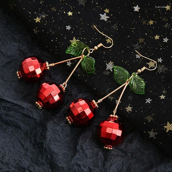 Boucles d'oreilles en peluche 3d Red Cherry Fruit Drop Crystal Leaf vert drôle pour les femmes Girls Bijoux esthétique