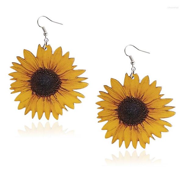 Boucles d'oreilles pendantes 3D en bois tournesol goutte Unique à la main bohème bois déclaration bijoux cadeaux pour femmes filles