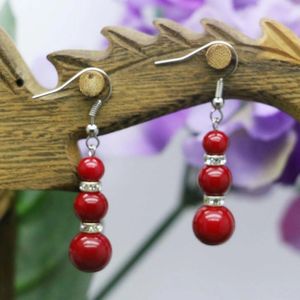 Boucles d'oreilles pendantes 3 couches 6, 8, 10 mm, coquille ronde rouge, perles en pierre, cadeaux pour femmes et filles, boucles d'oreilles, conception de bijoux