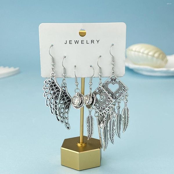 Pendientes de colgación 3Pairs Vintage Drop Retro Feather Feather Tapot Design Aley Set para Womengirls Accesorio de joyas