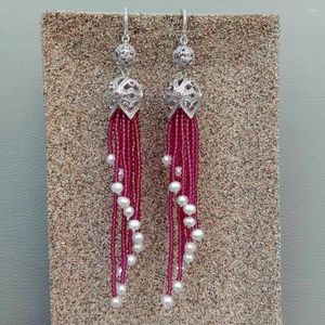 Boucles d'oreilles pendantes 4-5MM perle blanche d'eau douce ronde rouge 2MM grenat Zircon pavé levier arrière