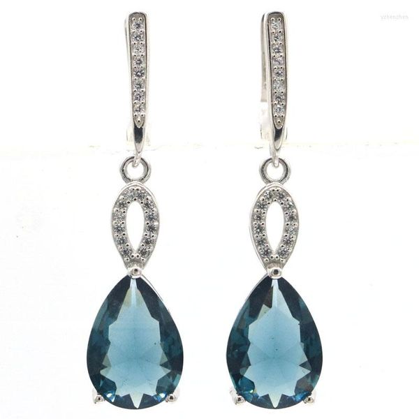 Boucles d'oreilles pendantes 40x10mm Jazaz 6.1g Topaze bleue de Londres Aigue-marine CZ Femme Usage quotidien Argent sterling 925 massif