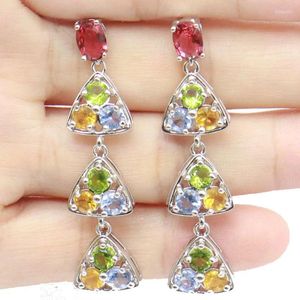 Dangle Oorbellen 42x11mm Multi Color Groen Tsavoriet Granaat Toermalijn Peridot Citrien Violet Tanzanite Witte CZ Bruiloft Zilver