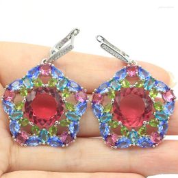 Bengelen oorbellen 43x34 mm mutli kleur 14g roze toermaline violet tanzaniet blauw topaz zilveren bruiloft fijne sieraden