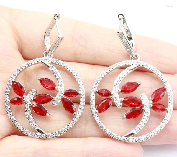 Boucles d'oreilles pendantes 48x32mm, belle forme ronde, rubis de sang rouge, vert améthyste blanc CZ, bijoux à la mode pour femmes, argent