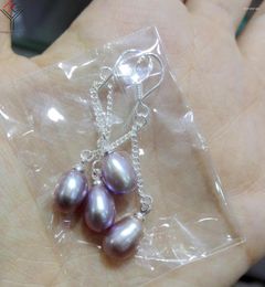Pendientes colgantes, 5 par/lote, pendientes de joyería para mujer, 8mm, perla púrpura clara, doble cadena, gancho, resaltado en agua dulce