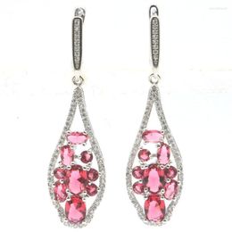 Dangle Küpe 50x13mm Zarif Pembe Ahududu Rhodolite Garnet Dumanlı Topaz Beyaz CZ Kadın Hediye Gümüş