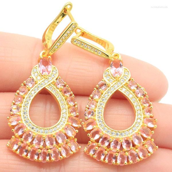 Pendientes colgantes 52x23mm Gran diseño europeo Conjunto de joyas 21g Creado Pink Kunzite CZ Mujeres Citas 14k Oro Plata Colgante