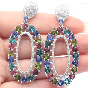 Boucles d'oreilles pendantes 53x23mm Jazaz Real 925 Sterling Silver Big 13.2g Multi Color Tanzanite Blue Topaz Peridot Garnet CZ Engagement