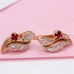 Boucles d'oreilles pendantes en or violet 585 pour femmes, bijoux créatifs incrustés de pierres précieuses rouges, plaqué à la mode, Rose 14K