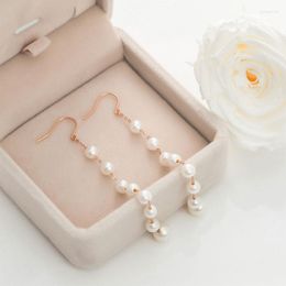 Bengelen oorbellen 585 paarse gouden inleg parel voor vrouwen elegante en delicate plating 14k roze luxe lange oorhaak sieraden