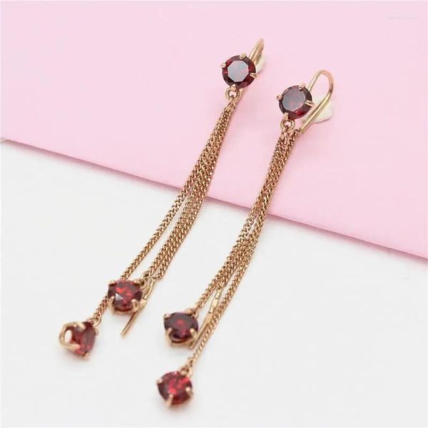 Boucles d'oreilles pendantes en or violet clair 585, boucles d'oreilles de luxe à longue chaîne plaquées Rose 14K incrustées de pompon de pierres précieuses rouges pour femmes, bijoux