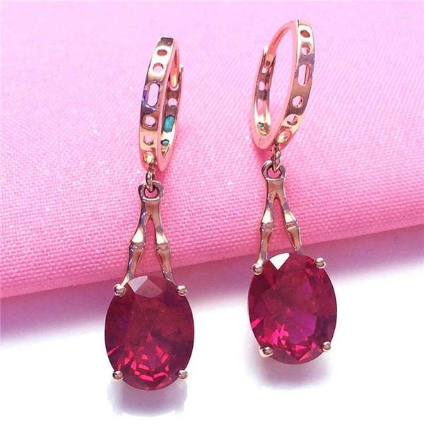 Boucles d'oreilles pendantes en or violet 585, rubis ovale pour femmes, Rose 14k incrustée de cristal triangulaire, mode Simple, légère, bijoux de fête de luxe